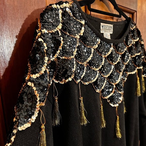 Vintage Western Connection sequined tassel black sweater size L - Picture 4 of 15